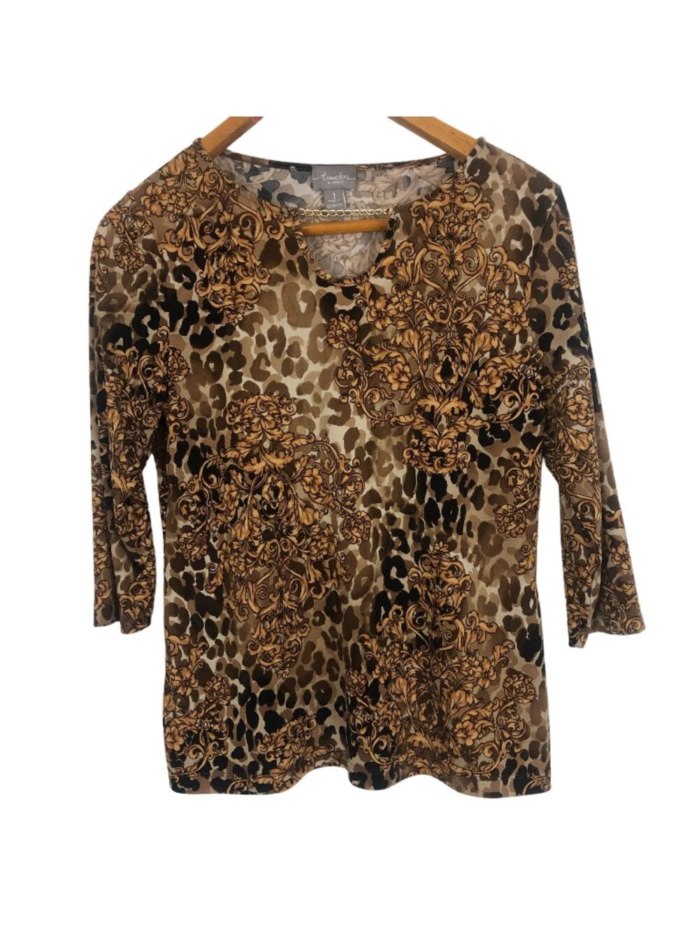Chico's Travelers Leopard Baroque Top 1 M Brown Gold Chain Neckline 3/4 Sleeve